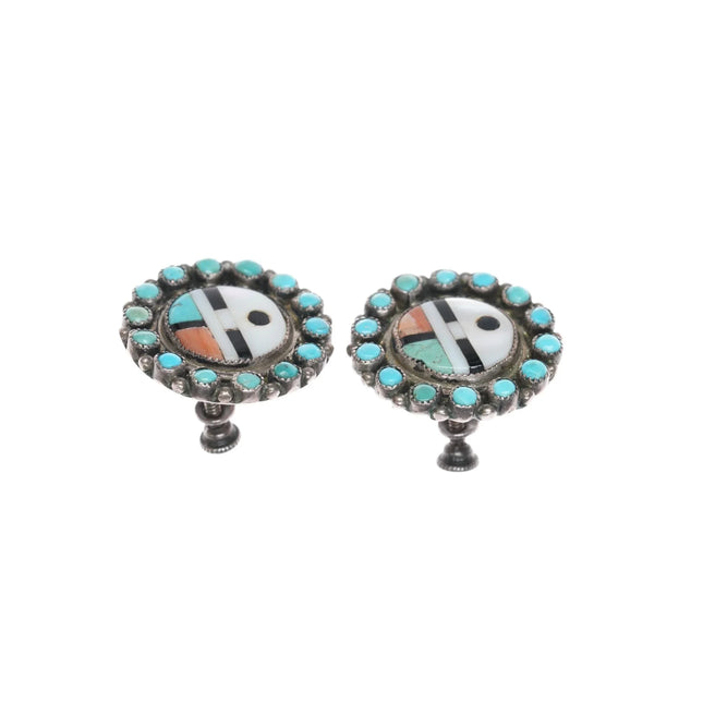 Vintage Zuni Screw back Earrings sunface inlay with turquoise borders - Estate Fresh Austin