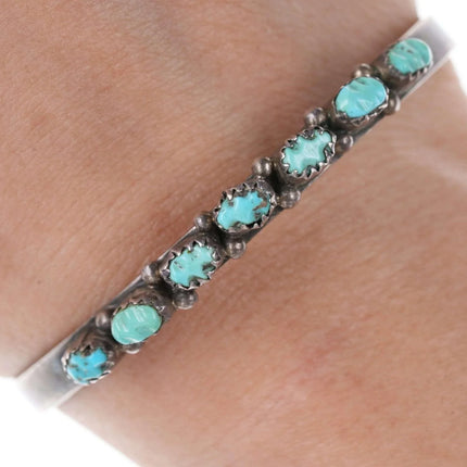 6.12" Vintage Zuni Sterling carved turquoise row cuff bracelet - Estate Fresh Austin