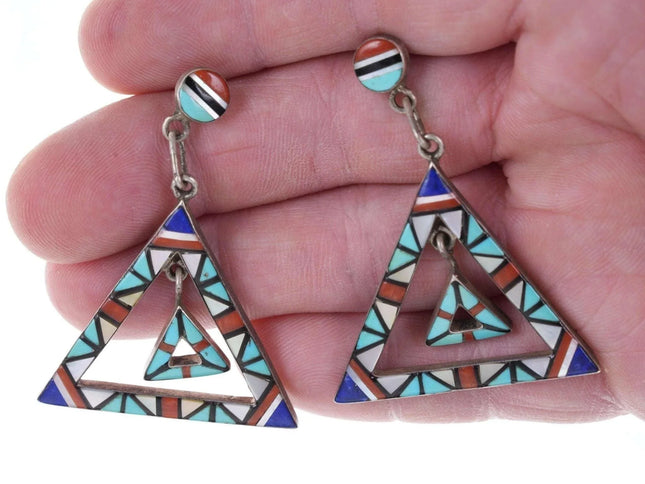 Vintage Zuni sterling Intarsia Inlay Chandelier earrings - Estate Fresh Austin