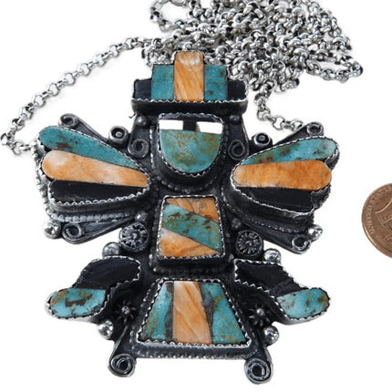 Vintage Zuni Sterling multi-stone inlay Knifewing with turquoise, spiny oyster s - Estate Fresh Austin