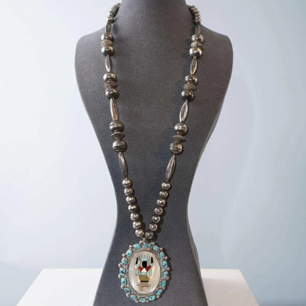 Vintage Zuni Sterling/turquoise/multi-stone inlay kachina necklace - Estate Fresh Austin