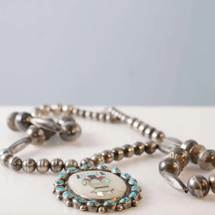 Vintage Zuni Sterling/turquoise/multi-stone inlay kachina necklace - Estate Fresh Austin