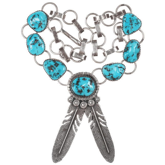 Virgil Yazzie Navajo sterling and turquoise feather pendant choker necklace - Estate Fresh Austin