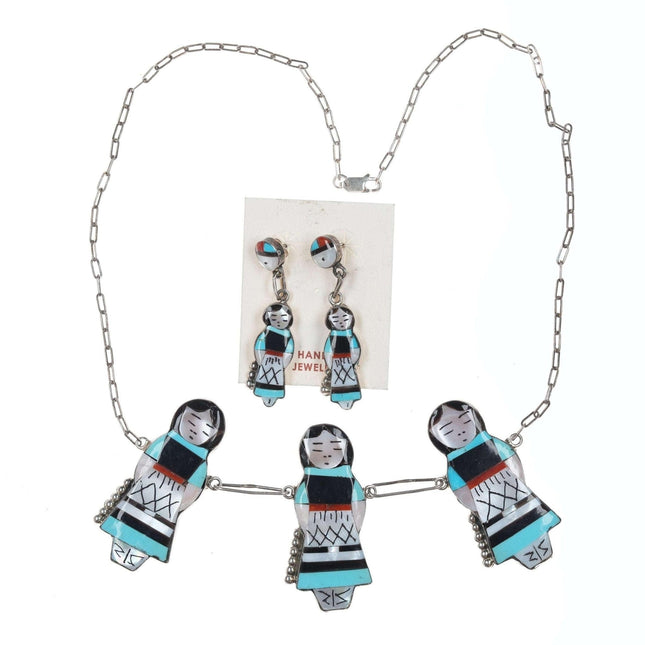 Waseta Zuni Sterling inlay necklace and earrings set - Estate Fresh Austin