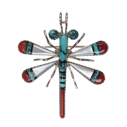 Wayne and Jocelyn Haloo Zuni Dragonfly high grade turquoise/coral/shell pendant/pin - Estate Fresh Austin