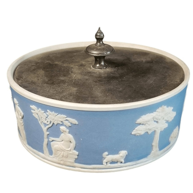 Wedgwood Blue and White jasperware Powder Jar Neoclassical Scenes Late 19th cent - Estate Fresh Austin