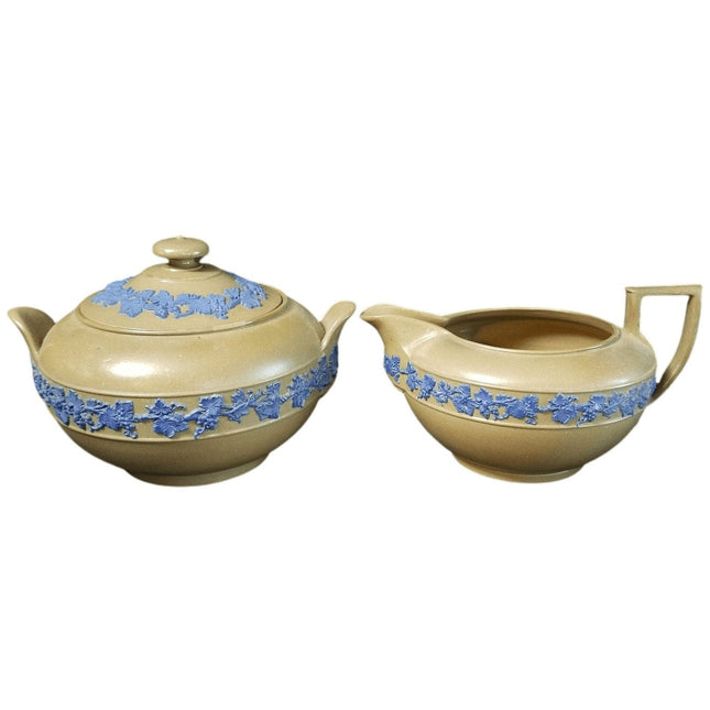 Wedgwood Blue on Brown Creamer and Sugar mid to Late 19th century - Estate Fresh Austin