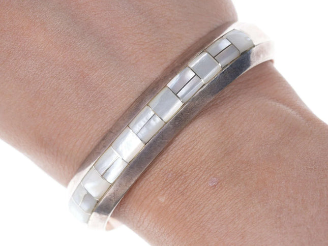 6.625" Willie Shaw Navajo Mother of pearl channel inlay sterling bracelet - Estate Fresh Austin