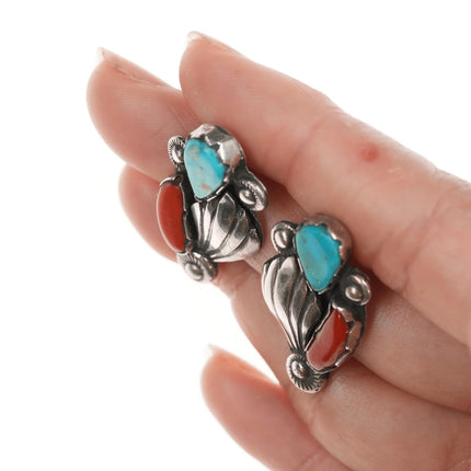 Zuni Dan Simplicio(1917-1969) Silver, turquoise, and coral earrings - Estate Fresh Austin