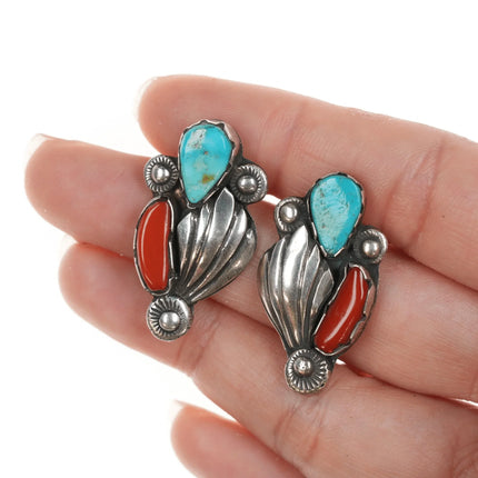 Zuni Dan Simplicio(1917-1969) Silver, turquoise, and coral earrings - Estate Fresh Austin