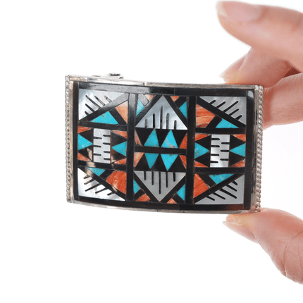 Zuni Native American Spiny oyster, turquoise, shell, and Jet sterling belt buckle - Estate Fresh Austin