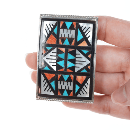 Zuni Native American Spiny oyster, turquoise, shell, and Jet sterling belt buckle - Estate Fresh Austin