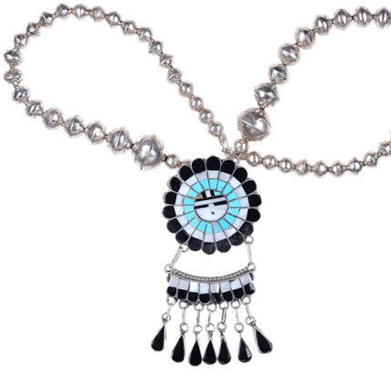 Zuni Sterling Multistone inlay thunderbird with Stamped Bead necklace - Estate Fresh Austin