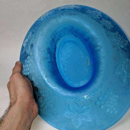 13.75" c1928 Fostoria Grape Blue Brocade Etched Cameo Glass Iridescent Oval bowl - Estate Fresh Austin