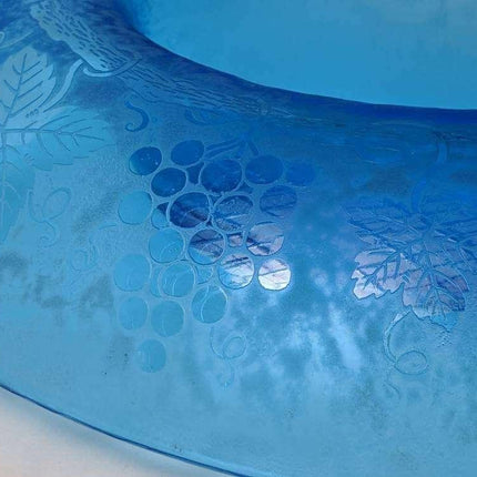 13.75" c1928 Fostoria Grape Blue Brocade Etched Cameo Glass Iridescent Oval bowl - Estate Fresh Austin