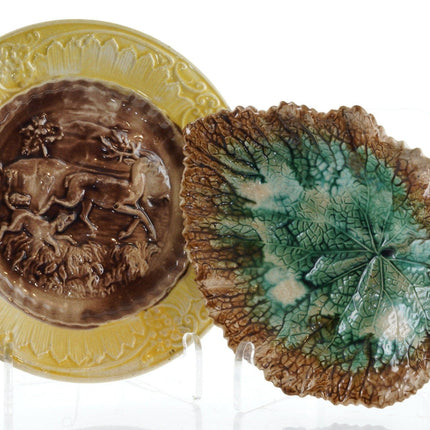 1880's Majolica Stag plate and leaf dish - Estate Fresh Austin
