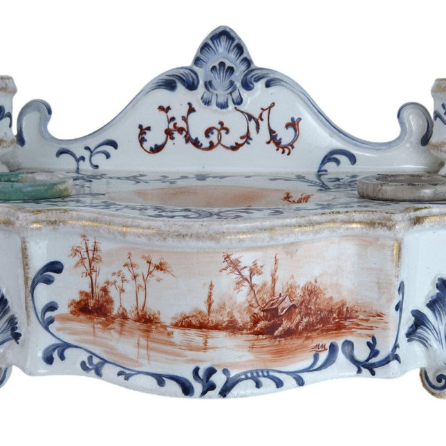 1890 Longwy Hand Painted French Faience Desk Stand Double Inkwell with Candle Ho - Estate Fresh Austin