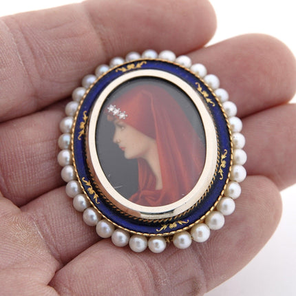 1920's 18K Gold Diamond, Pearls, hand painted miniature painting pendant Art dec - Estate Fresh Austin