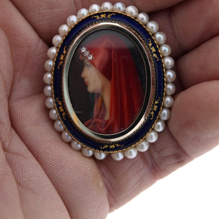 1920's 18K Gold Diamond, Pearls, hand painted miniature painting pendant Art dec - Estate Fresh Austin