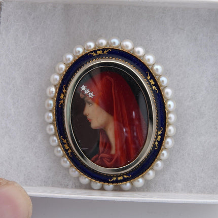 1920's 18K Gold Diamond, Pearls, hand painted miniature painting pendant Art dec - Estate Fresh Austin