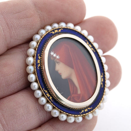 1920's 18K Gold Diamond, Pearls, hand painted miniature painting pendant Art dec - Estate Fresh Austin