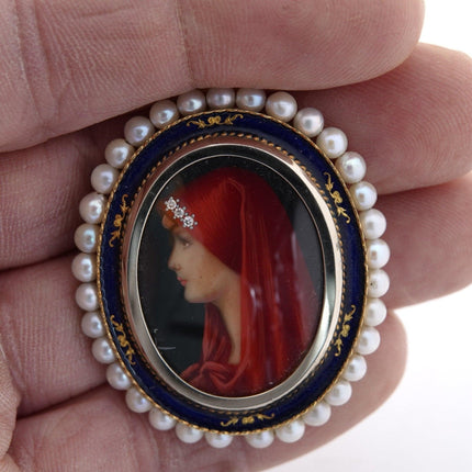 1920's 18K Gold Diamond, Pearls, hand painted miniature painting pendant Art dec - Estate Fresh Austin