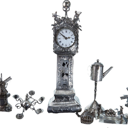 1920's Dutch 800 Silver Dollhouse Miniatures Birdcage, tall cased clock, windmil - Estate Fresh Austin