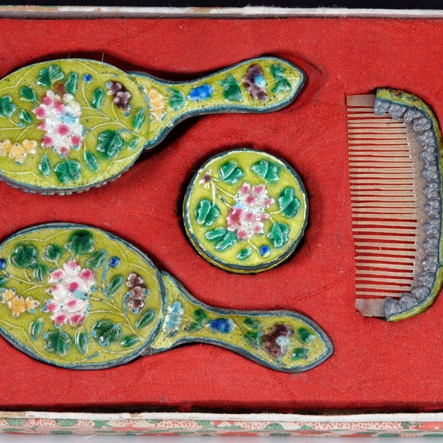 1930's Chinese Enamel Doll/Childrens Brush Mirror/Trinket box and Comb Set - Estate Fresh Austin