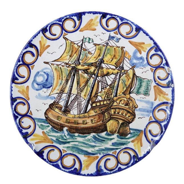 1935 Spanish Majolica Charger with Galleon Ship Vibrant colors - Estate Fresh Austin