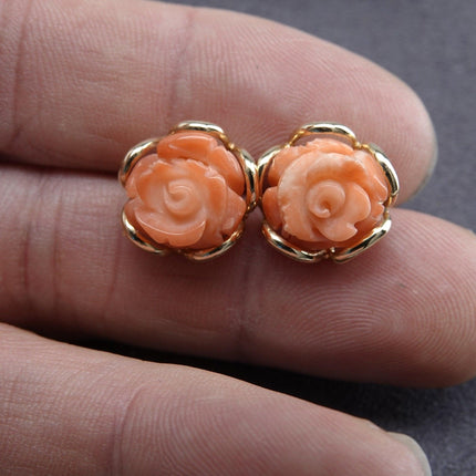 1940's 14k Gold and Angel Skin Coral Earrings Hand Carved - Estate Fresh Austin