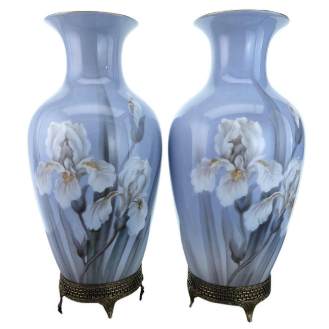 1940's Noritake Hand Painted Iris Vases On brass Stands Pair - Estate Fresh Austin