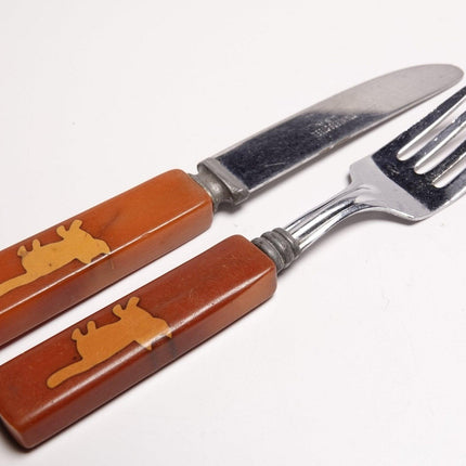 1950's Catalin Childrens Knife and Fork Set with inlaid Cats - Estate Fresh Austin