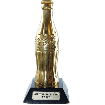 1950's Coca-Cola All Star Salesman's Award Gold bottle with wood base - Estate Fresh Austin