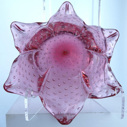 1950's Murano Star Shaped Cranberry Bowl with Controlled Bubbles - Estate Fresh Austin
