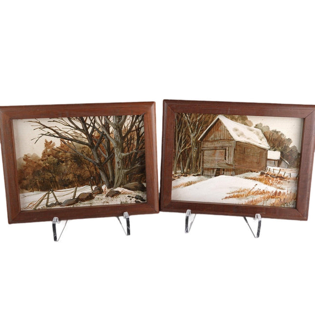 1978 Winter Landscape oil on board paintings pair by Besty Jones - Estate Fresh Austin