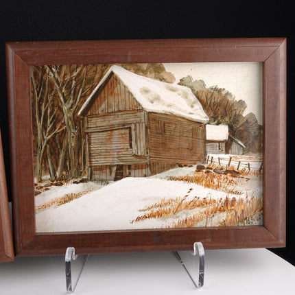1978 Winter Landscape oil on board paintings pair by Besty Jones - Estate Fresh Austin