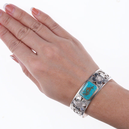 6 3/8" Hand Engraved sterling and turquoise bracelet by Michael and Sons Reno NV - Estate Fresh Austin