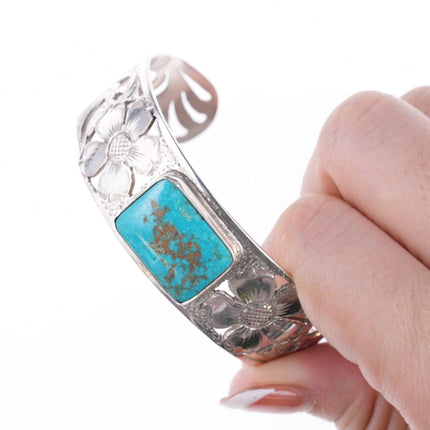 6 3/8" Hand Engraved sterling and turquoise bracelet by Michael and Sons Reno NV - Estate Fresh Austin