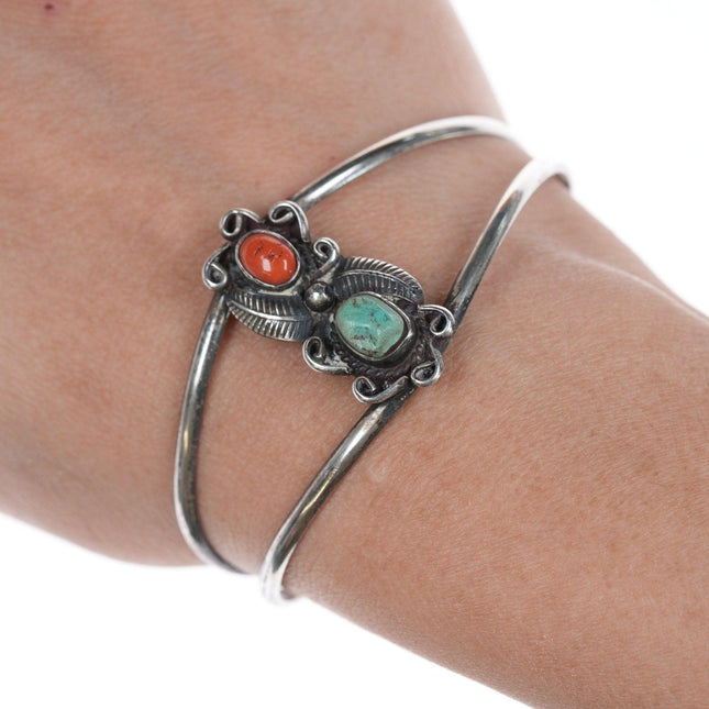 6 3/8" vintage Native American silver, turquoise and coral cuff bracelet - Estate Fresh Austin