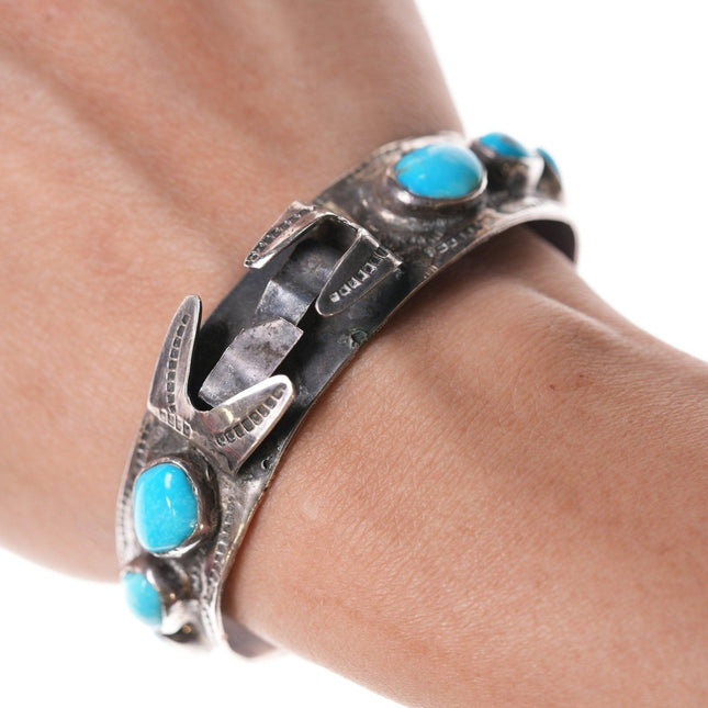 6 3/8" Vintage Navajo Stamped silver and turquoise watch cuff - Estate Fresh Austin