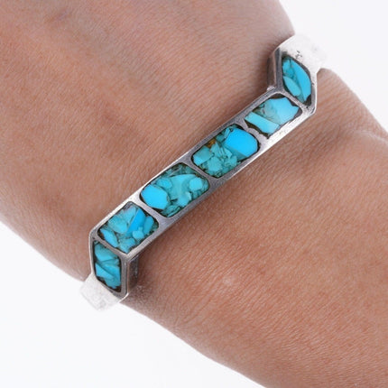 6 5/8" Vintage Zuni silver and turquoise chip inlay bracelet - Estate Fresh Austin