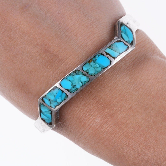 6 5/8" Vintage Zuni silver and turquoise chip inlay bracelet - Estate Fresh Austin