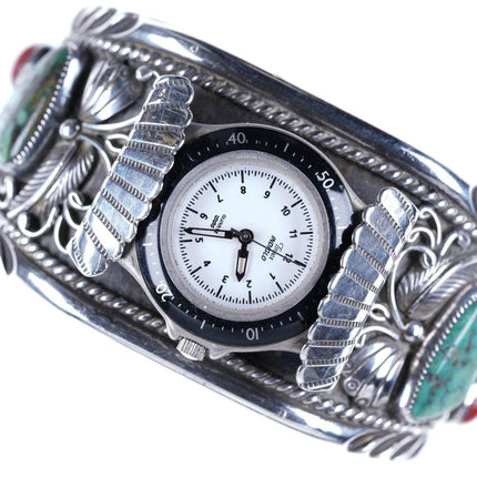 6 7/8" Vintage Navajo Cuff Bracelet watch band Sterling Turquoise/Coral - Estate Fresh Austin