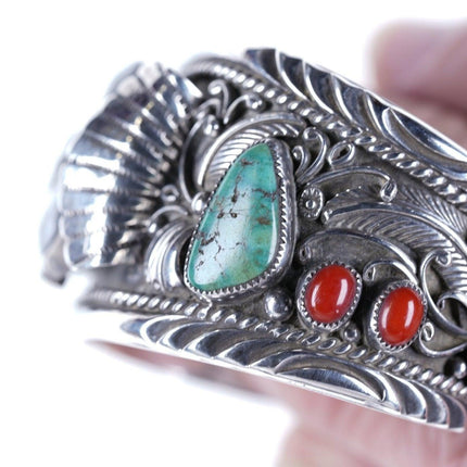 6 7/8" Vintage Navajo Cuff Bracelet watch band Sterling Turquoise/Coral - Estate Fresh Austin