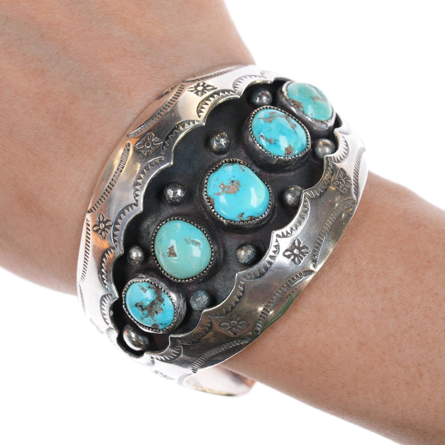 6.5" Vintage Navajo Silver shadowbox turquoise row cuff bracelet - Estate Fresh Austin