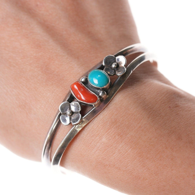 6.5" Vintage Sterling turquoise and coral Native American bracelet - Estate Fresh Austin