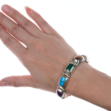 6.75" Retro Mexican Sterling multi-stone bracelet 12mm wide. - Estate Fresh Austin