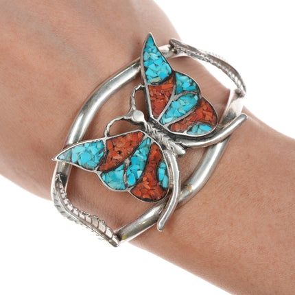 6.75" Vintage Navajo Chip inlay butterfly bracelet - Estate Fresh Austin