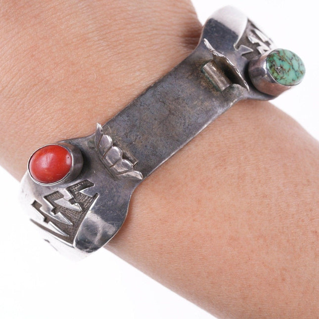 7" c1960 Navajo Overlay style sterling, turquoise, and coral watch bracelet - Estate Fresh Austin