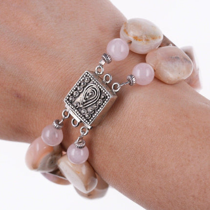 7" Sterling Pink Stone/rose quartz bracelet - Estate Fresh Austin